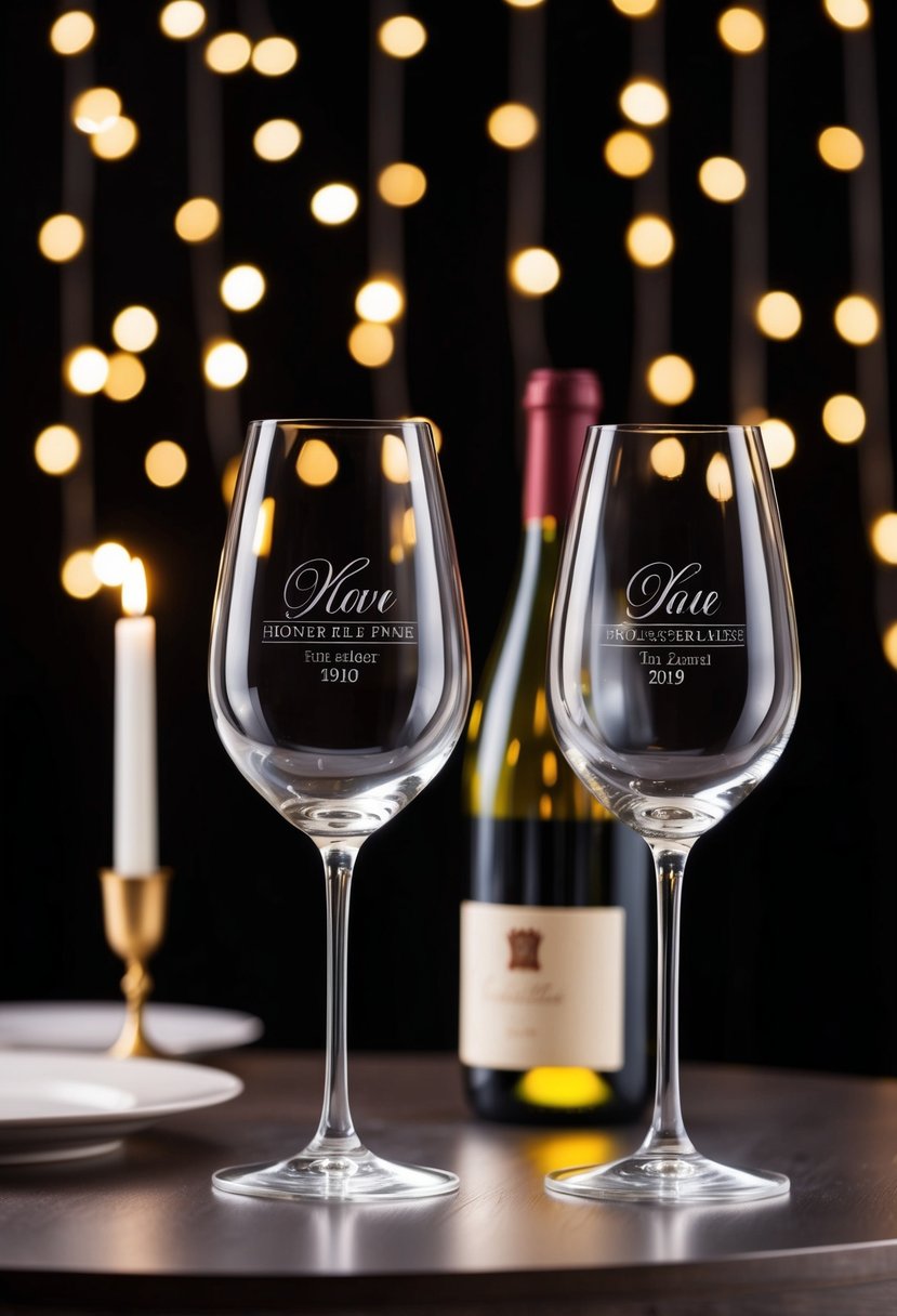 Two elegant wine glasses with personalized engravings, sitting on a sleek wooden table with a bottle of wine and a romantic candlelit backdrop