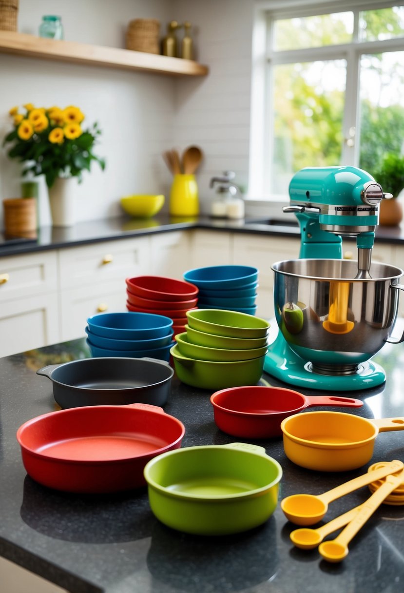 A set of nonstick bakeware arranged neatly on a kitchen countertop, with a colorful mixer and measuring spoons nearby