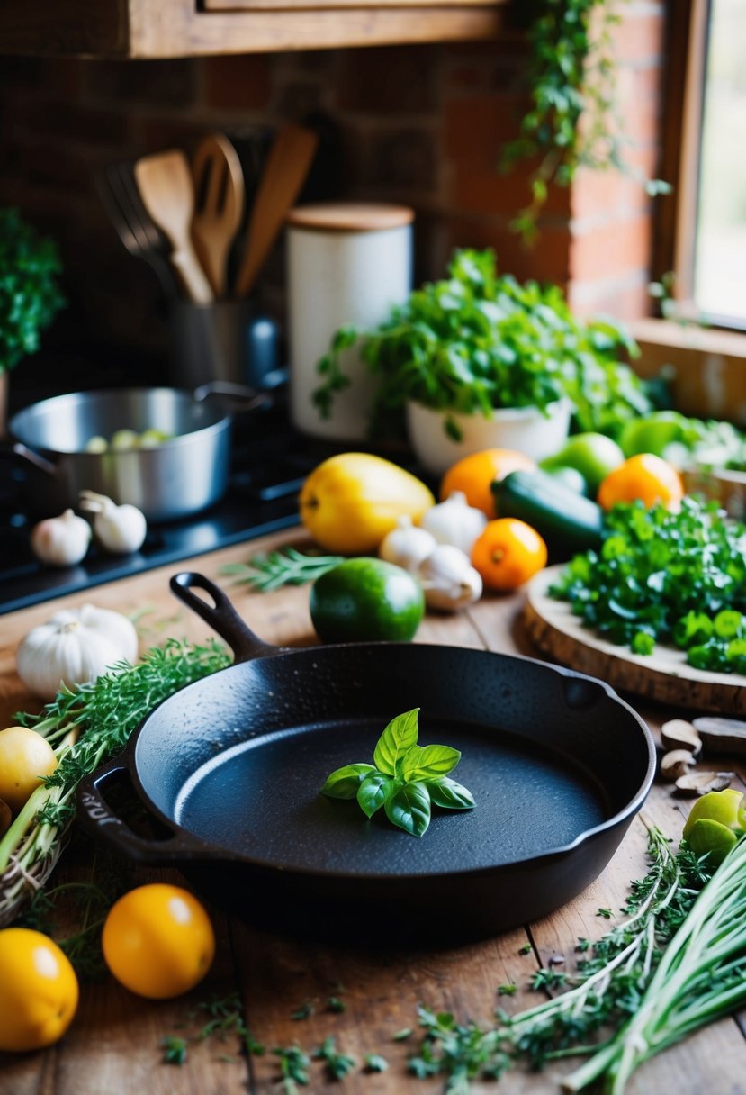 A rustic kitchen scene with a cast iron skillet surrounded by fresh produce, herbs, and kitchen utensils