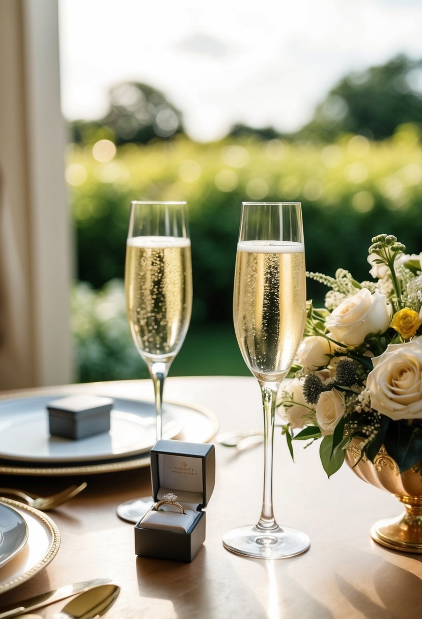 A beautifully decorated table with a pair of elegant champagne glasses, a ring box, and a bouquet of flowers