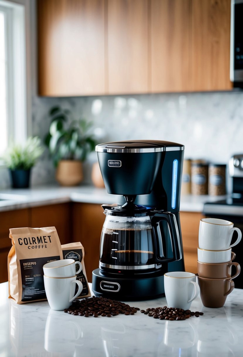 A sleek, modern coffee maker sits on a kitchen counter, surrounded by bags of gourmet coffee beans and a stack of stylish mugs