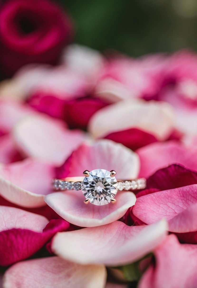 A sparkling engagement ring on a bed of rose petals