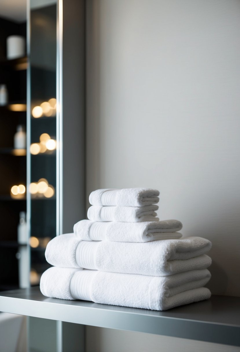 A stack of plush, white bath towels arranged neatly on a sleek, modern bathroom shelf