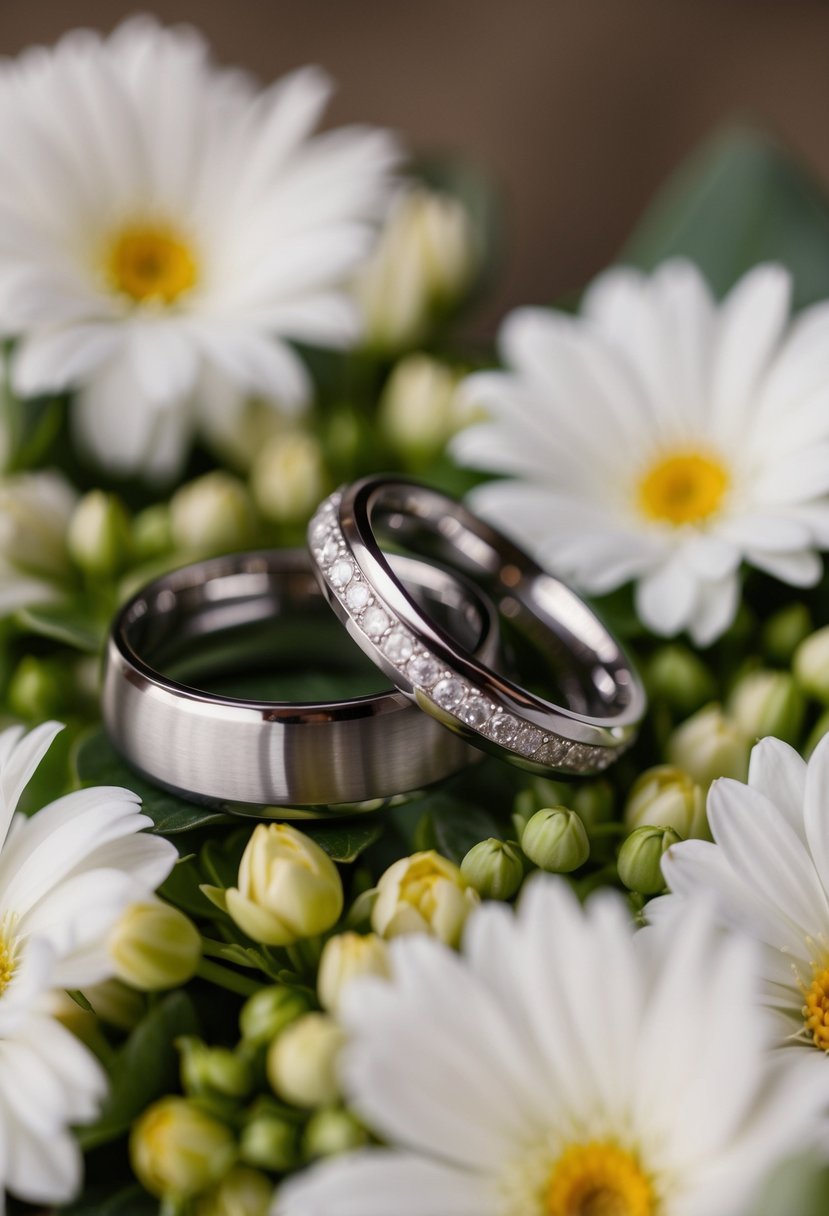 A pair of interlocked wedding rings resting on a bed of fresh flowers