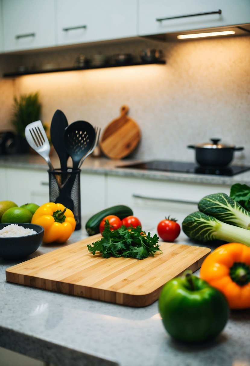 A bamboo cutting board surrounded by kitchen utensils and fresh produce on a countertop