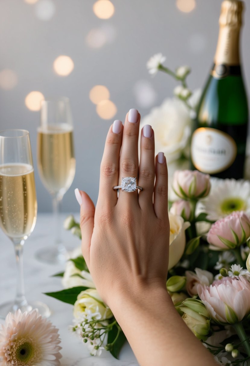 A hand holding a diamond ring, surrounded by flowers and champagne, with a soft, romantic background