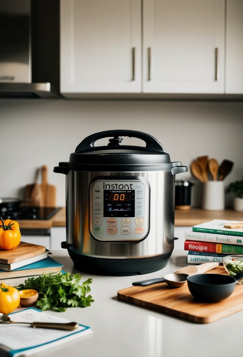 A kitchen counter with an Instant Pot surrounded by various cooking utensils and recipe books