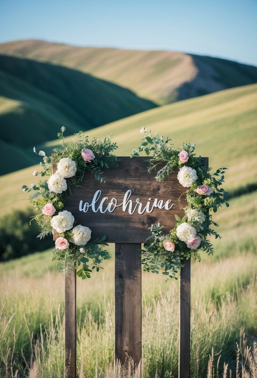 A rustic wooden sign adorned with flowers and greenery, set against a backdrop of rolling hills and a clear blue sky