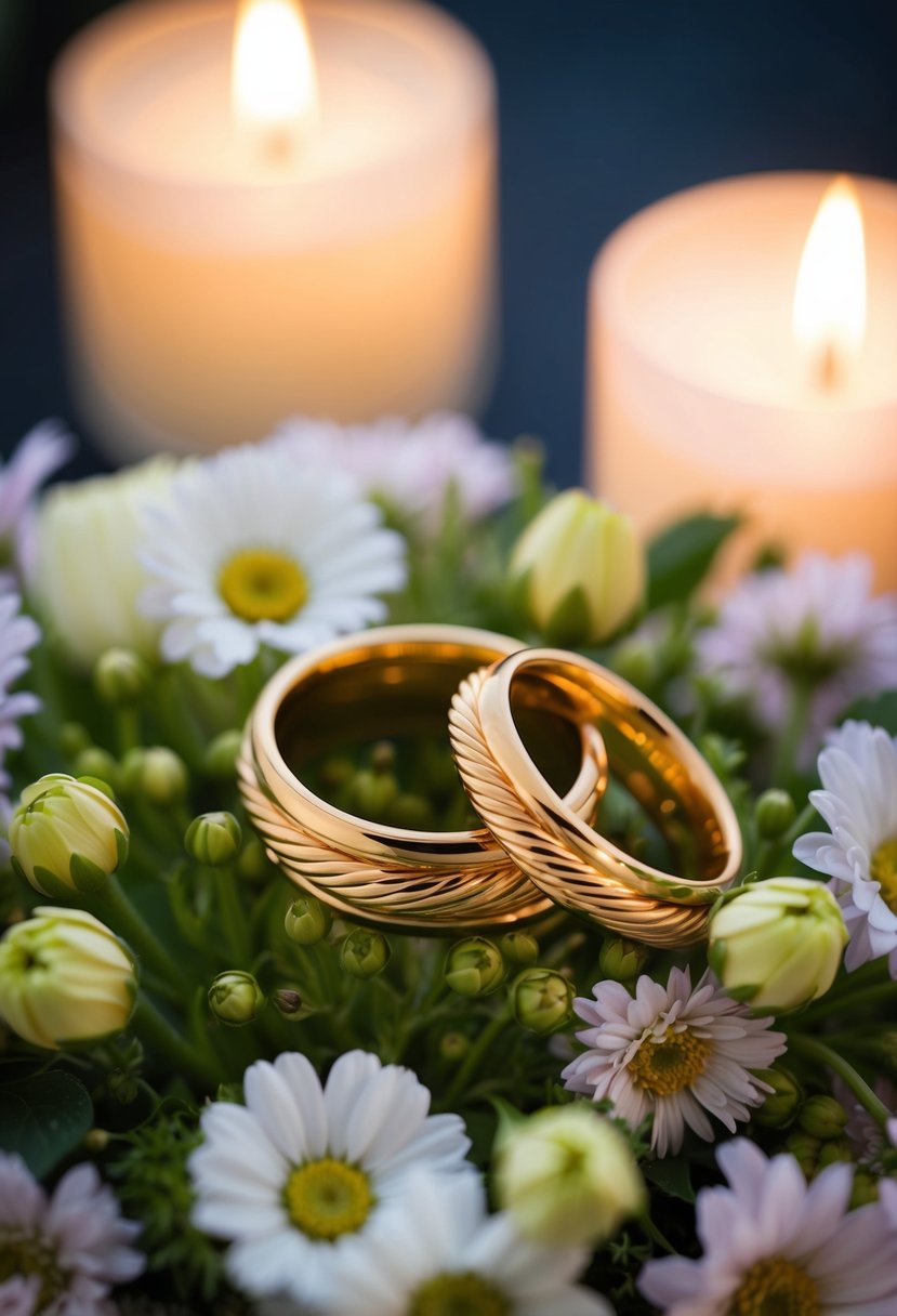 A pair of intertwined golden rings resting on a bed of fresh flowers, surrounded by soft candlelight