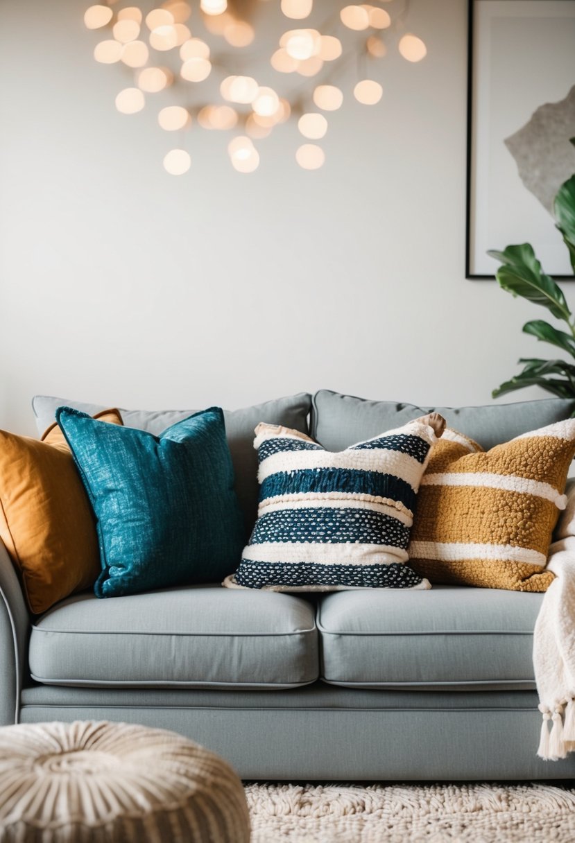 A cozy living room sofa with a variety of decorative throw pillows in different colors, patterns, and textures