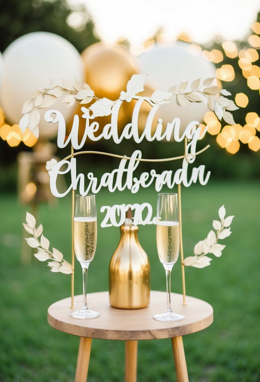 A beautifully decorated wedding sign with champagne glasses and celebratory decor