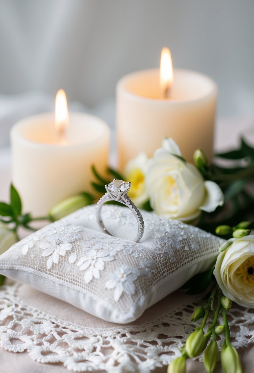 A sparkling diamond ring on a lace pillow, surrounded by fresh flowers and candles, set against a soft, romantic backdrop