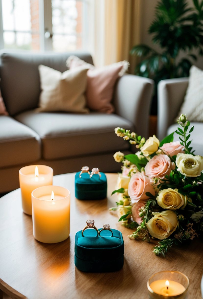 A cozy living room with two elegant engagement rings on a table, surrounded by soft candlelight and a bouquet of fresh flowers