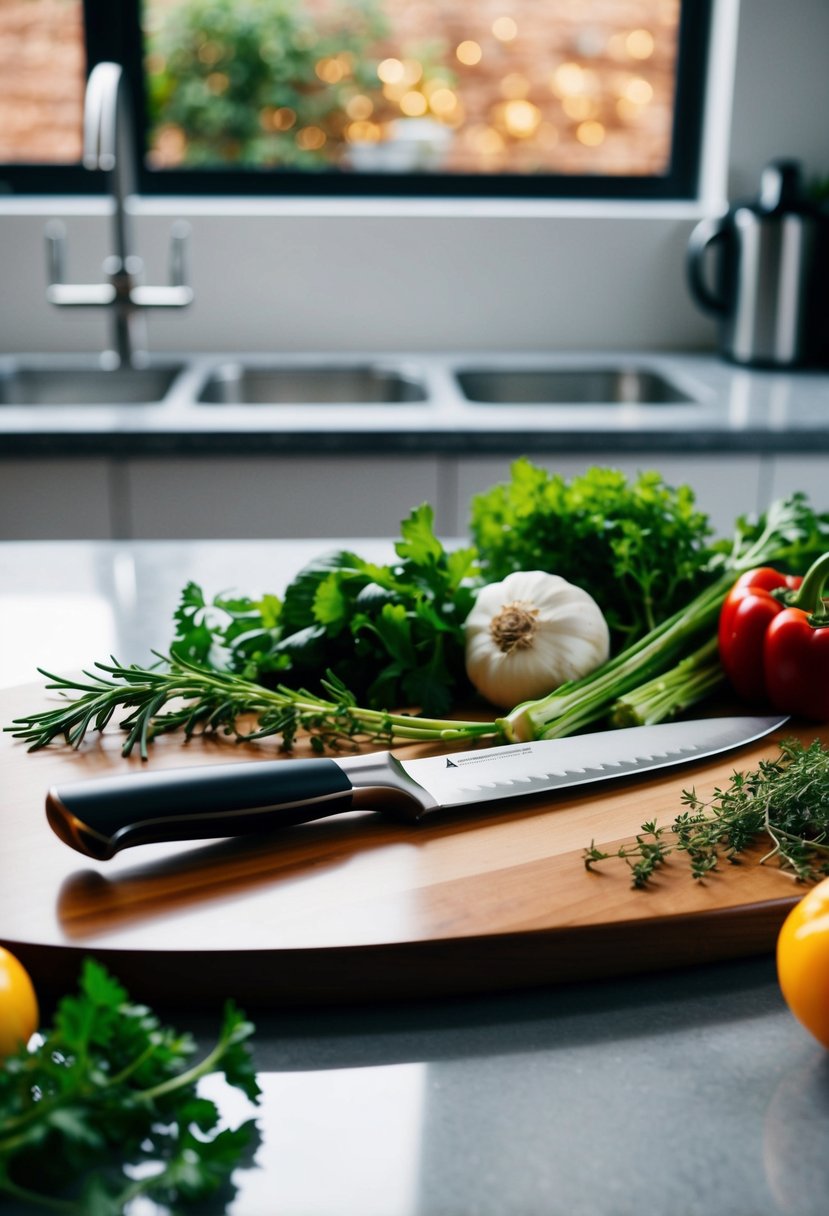 A sleek, modern knife set displayed on a polished wooden cutting board, surrounded by fresh herbs and colorful vegetables