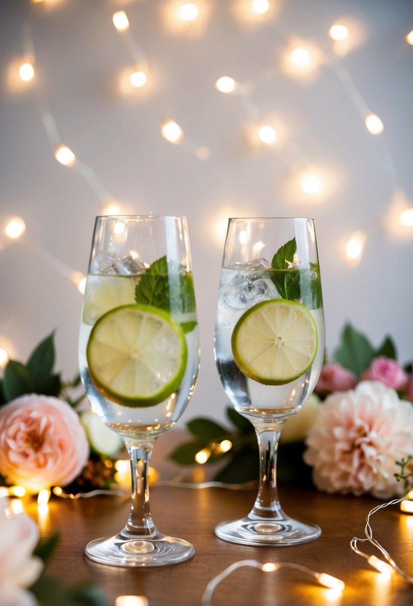 A pair of gin and tonic glasses clinking together, surrounded by elegant floral decorations and twinkling fairy lights