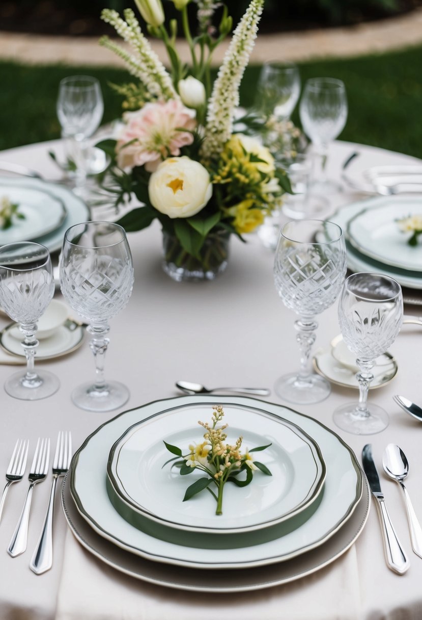 A table set with fine china, crystal glasses, and polished silverware, adorned with delicate floral centerpieces