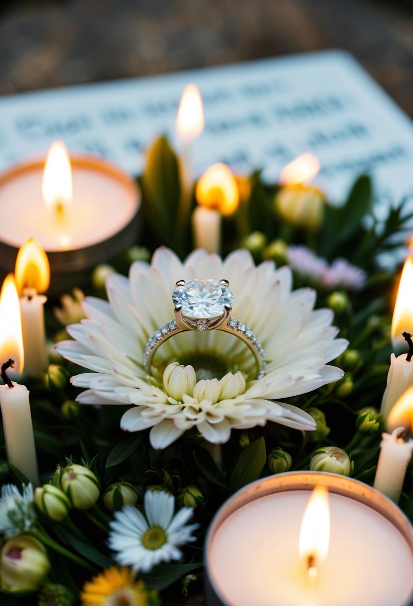 A sparkling diamond ring rests on a bed of fresh flowers, surrounded by flickering candles and a handwritten note