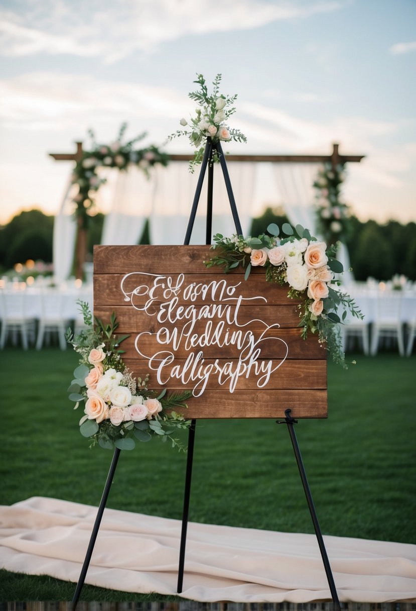 A rustic wooden sign with floral decorations and elegant calligraphy, set against a backdrop of a romantic outdoor wedding venue