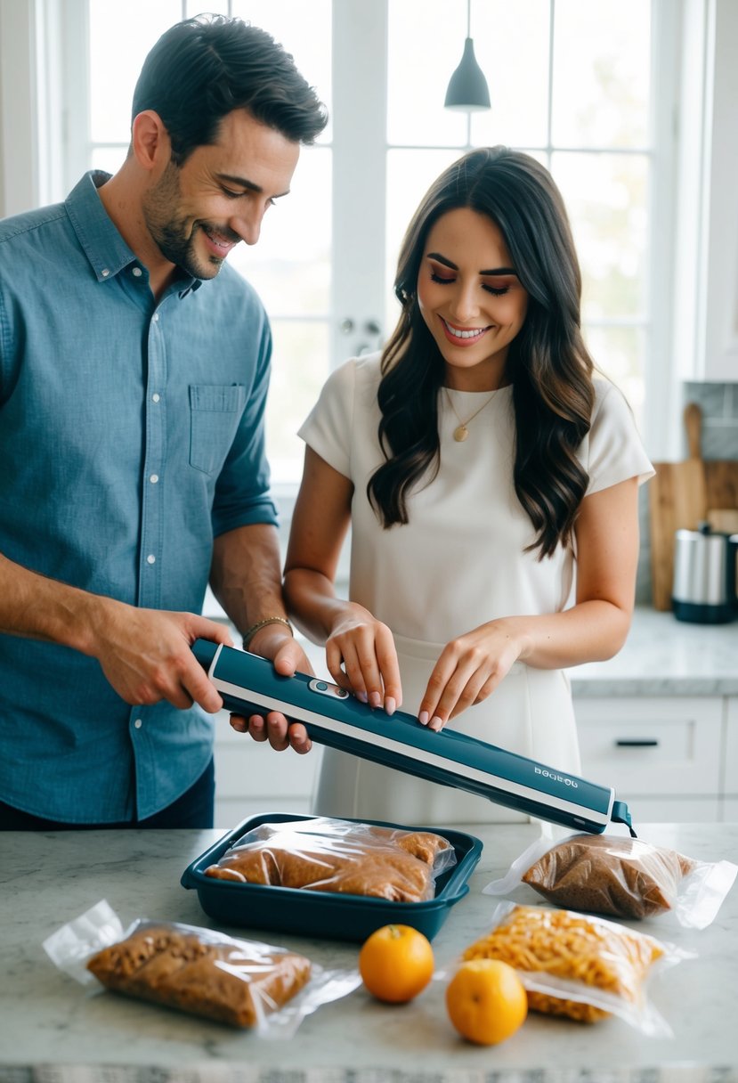 A couple using a vacuum sealer to package and seal food items for their wedding registry