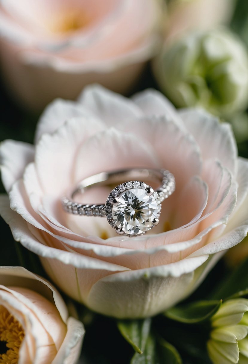 A sparkling engagement ring resting on a bed of fresh flowers, with a soft, romantic background