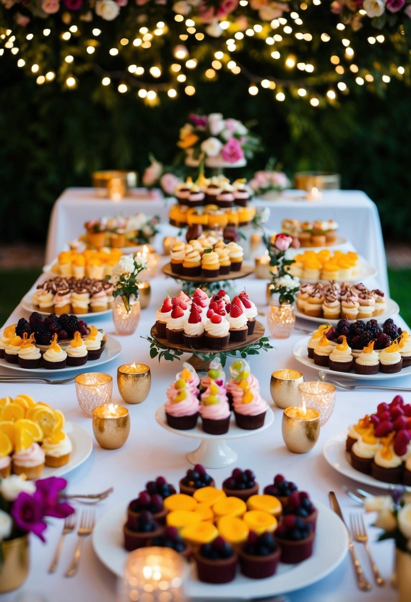 A table adorned with an array of colorful, delicious desserts and treats, surrounded by elegant floral decorations and twinkling fairy lights