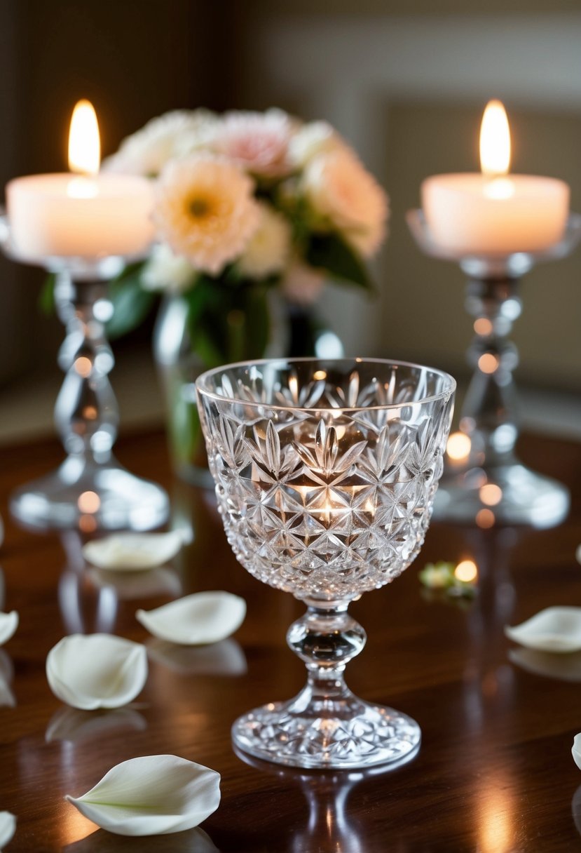 A sparkling crystal vase sits on a polished wood table, surrounded by delicate flower petals and soft candlelight, creating an elegant and romantic ambiance