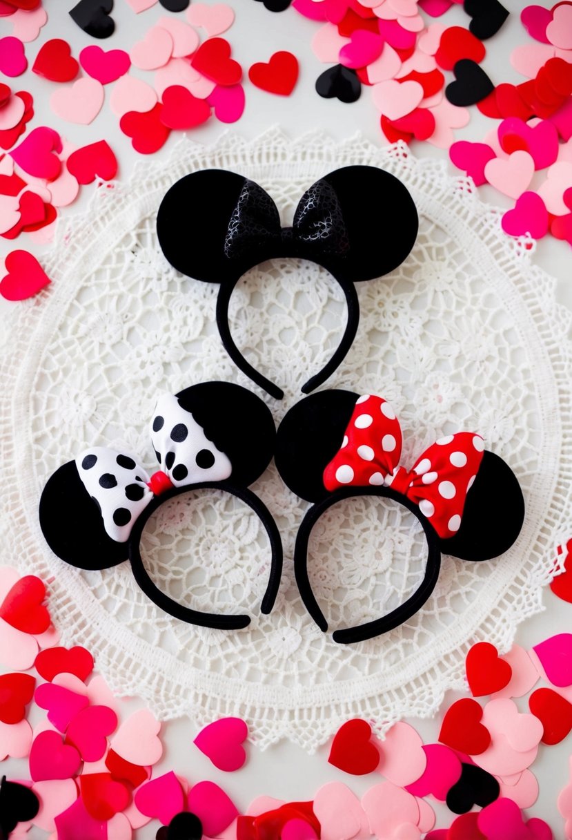 A pair of Mickey and Minnie mouse ears arranged on a white lace background, surrounded by pink and red heart-shaped confetti