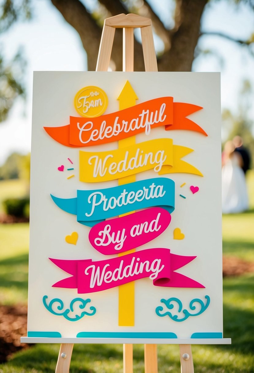 A bright, colorful wedding sign with cheerful, celebratory imagery and decorative lettering