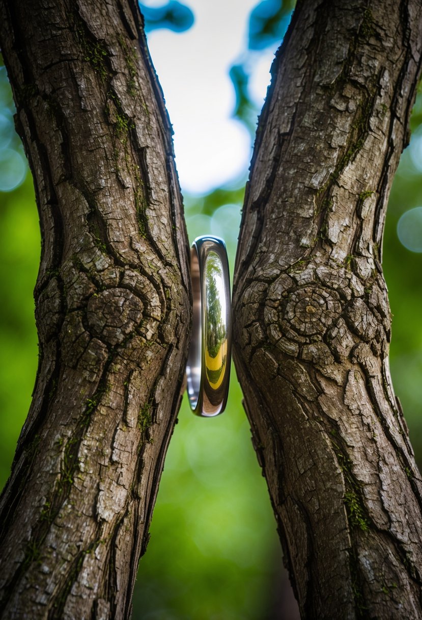 A pair of intertwined tree branches, symbolizing unity and growth, with a ring nestled in the center