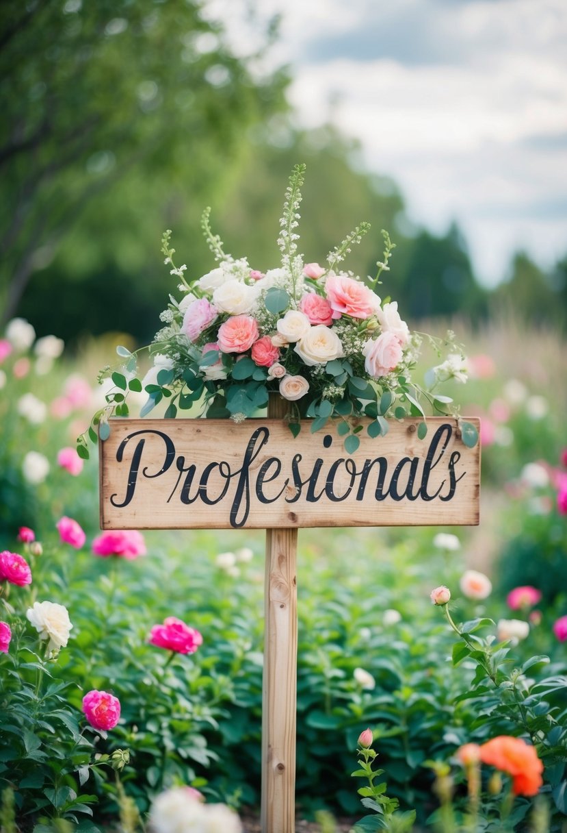 A rustic wooden sign surrounded by blooming flowers and greenery, with a romantic and whimsical feel