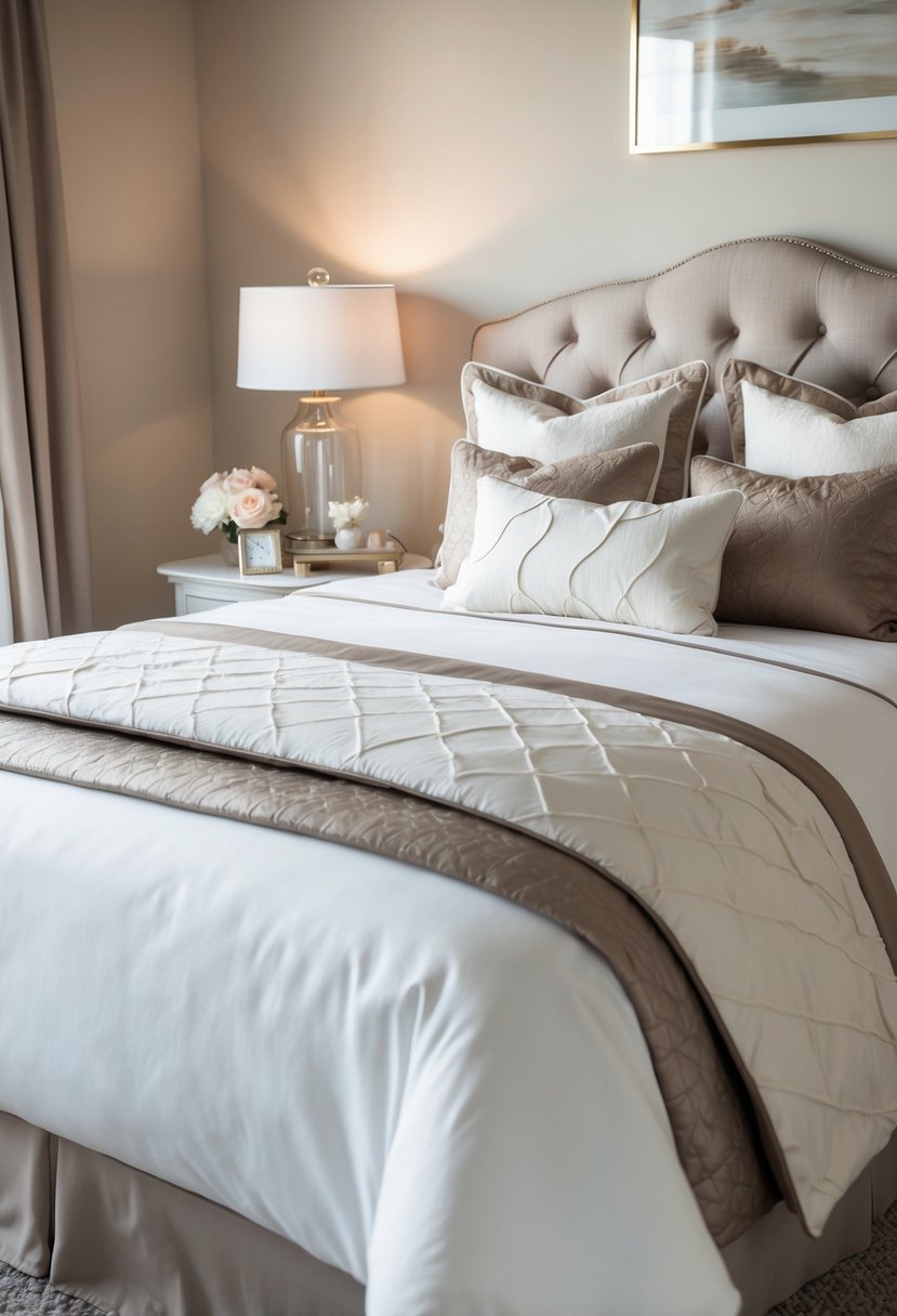 A cozy bedroom with a neatly made bed, adorned with a luxurious comforter set in soft, elegant colors, complemented by matching pillows and decorative accents