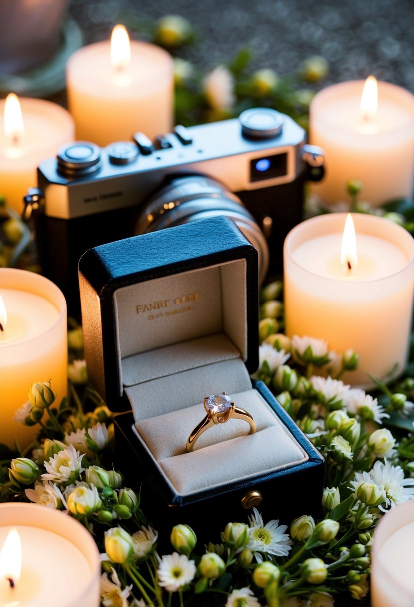 A ring box nestled in a bed of fresh flowers, surrounded by soft candlelight and a vintage camera