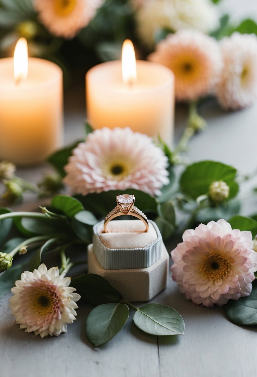 A ring box surrounded by fresh flowers and soft candlelight