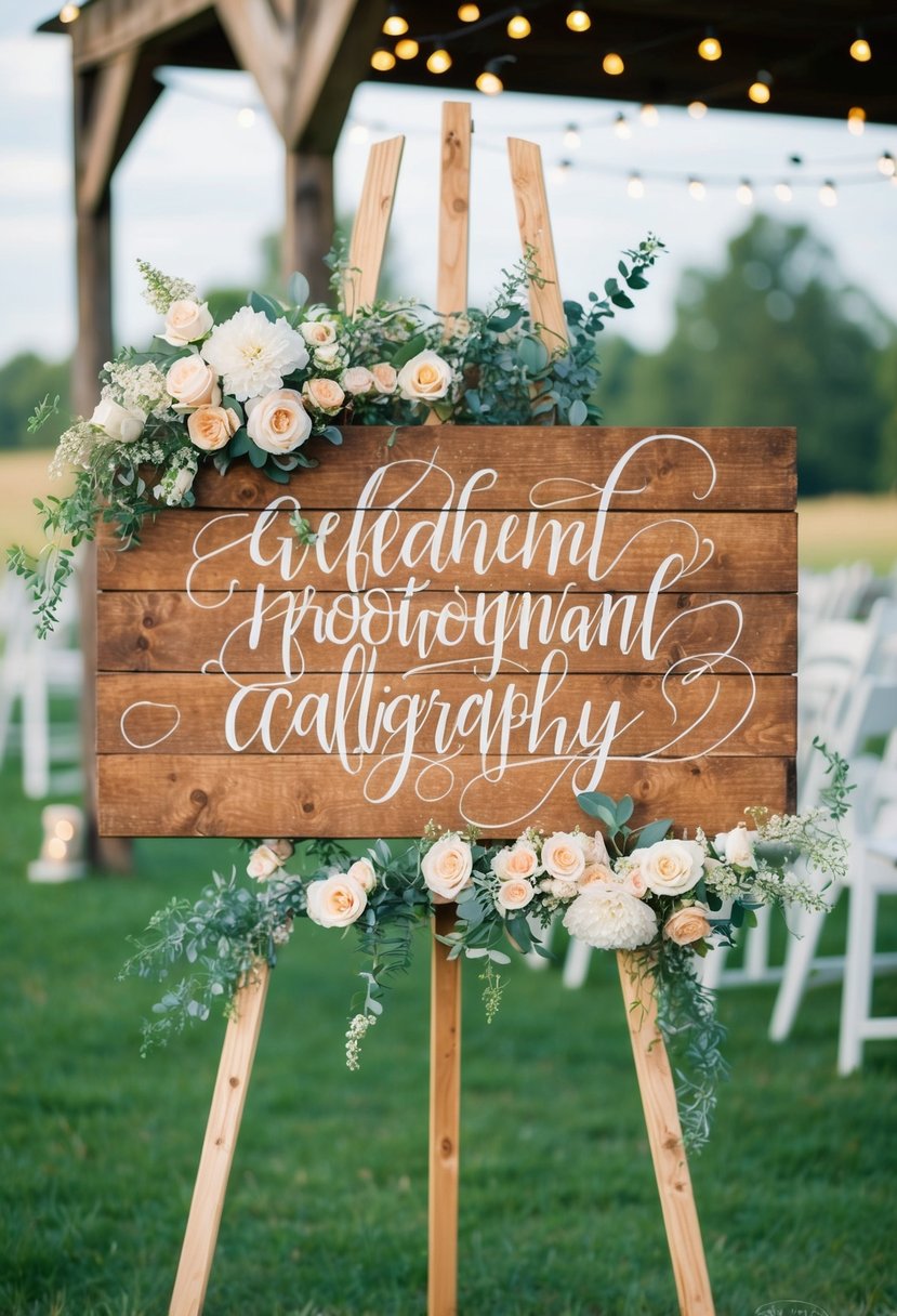 A rustic wooden sign with elegant calligraphy, surrounded by blooming flowers and hanging fairy lights