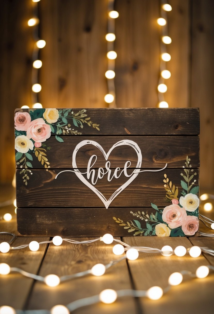 A rustic wooden sign with floral decorations and a heart motif, surrounded by twinkling fairy lights