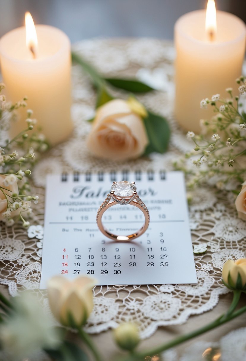 A sparkling engagement ring placed on a lace-covered table, surrounded by delicate flowers and candles, with a calendar marking the wedding date