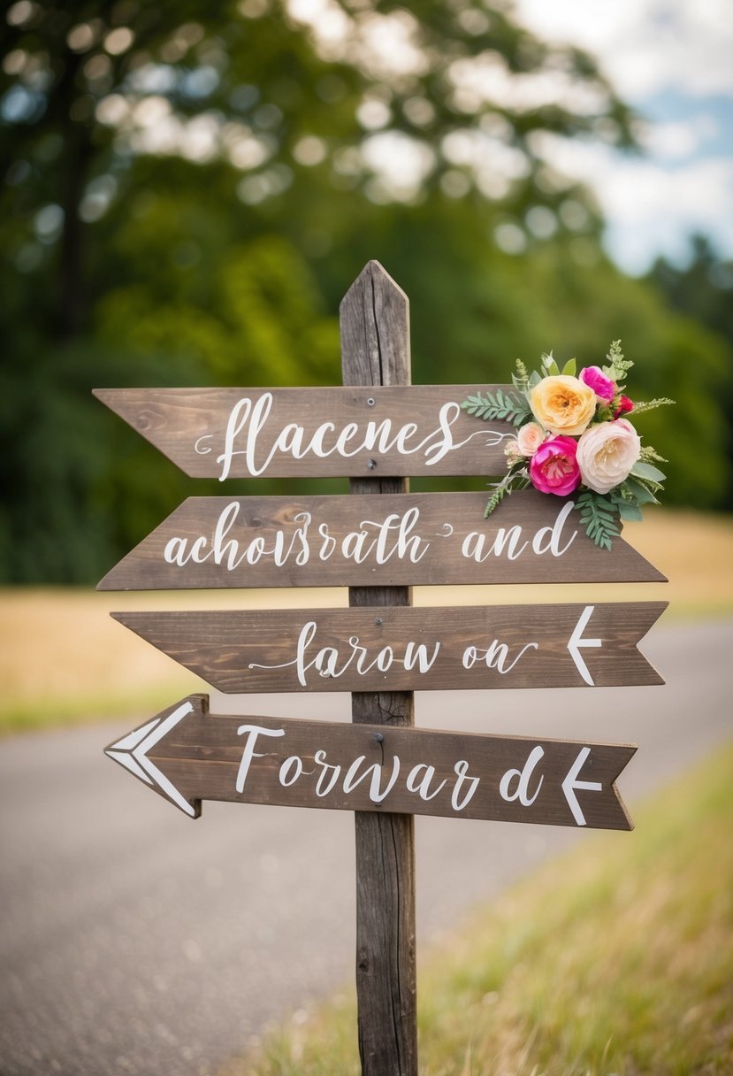 A rustic wooden sign with floral accents and an arrow pointing forward