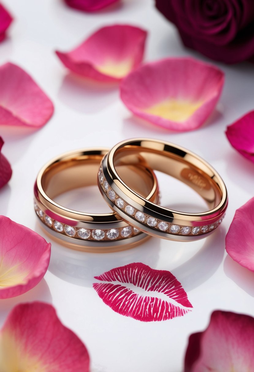 A pair of interlocking wedding bands surrounded by rose petals and a lipstick kiss mark