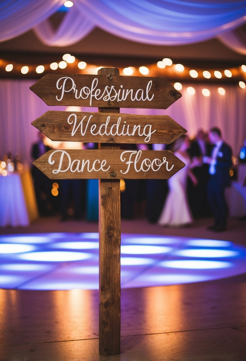 A rustic wooden sign points towards a glowing dance floor at a wedding reception