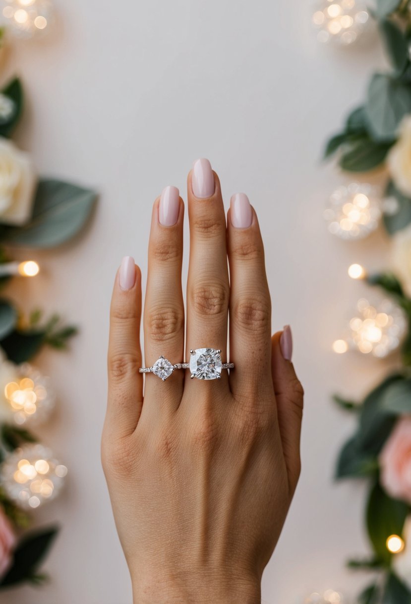 A hand holding a sparkling diamond ring against a backdrop of glittering fairy lights and floral arrangements