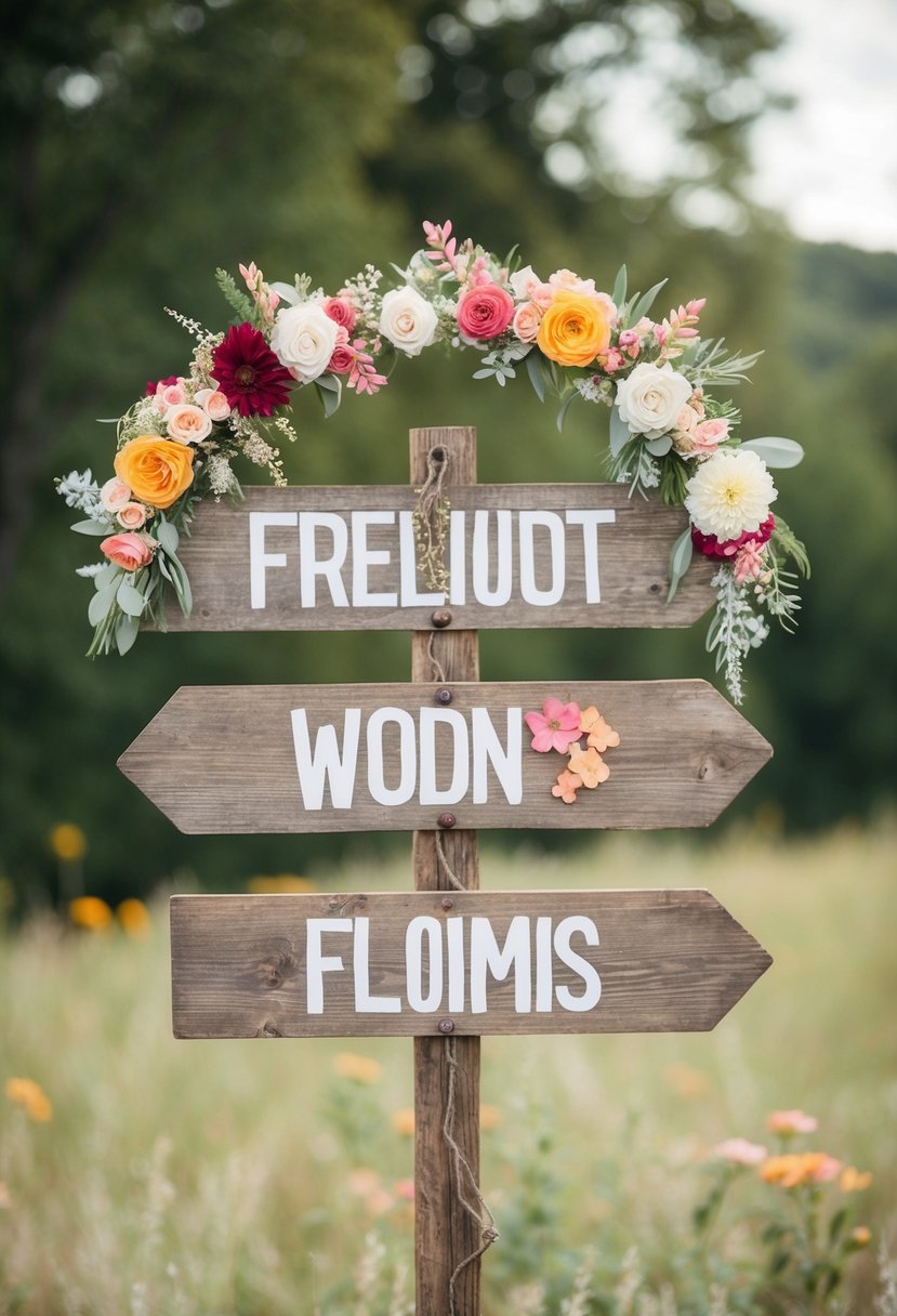 A rustic wooden sign with floral decorations and a joyful, whimsical atmosphere