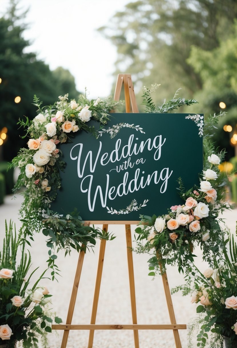 A beautifully decorated wedding sign surrounded by flowers and greenery