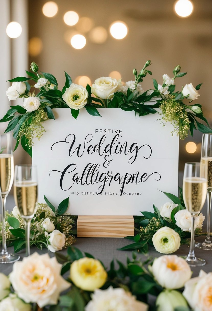 A festive wedding sign with elegant calligraphy, surrounded by blooming flowers and glasses of champagne