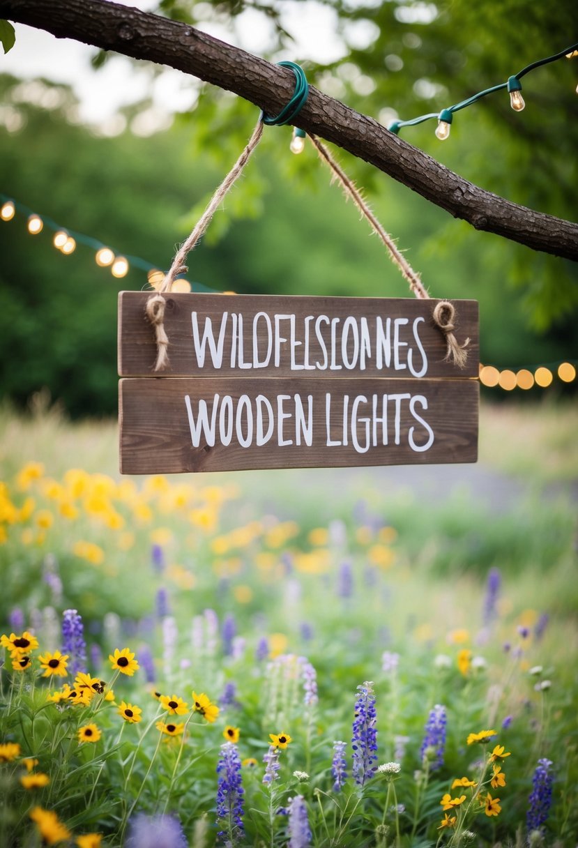 A rustic wooden sign hanging on a tree branch, surrounded by wildflowers and twinkling string lights