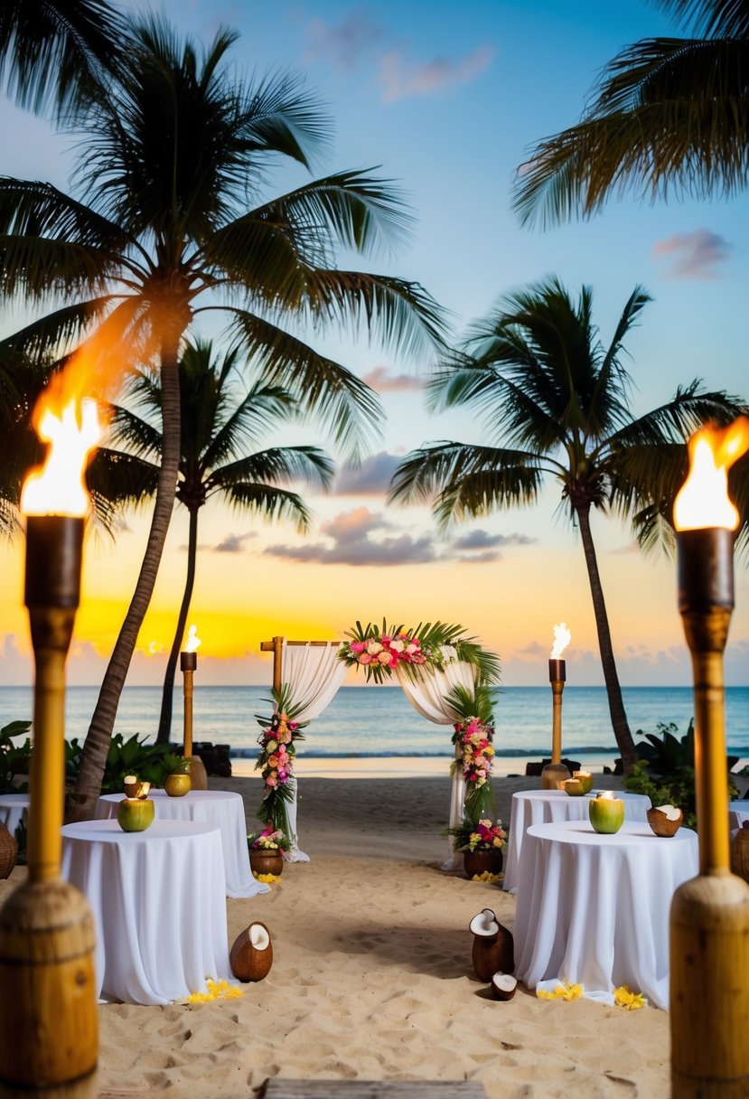 A tropical beach setting with palm trees, tiki torches, and a colorful sunset. A wedding arch adorned with flowers and draped fabric, surrounded by tables with leis and coconuts