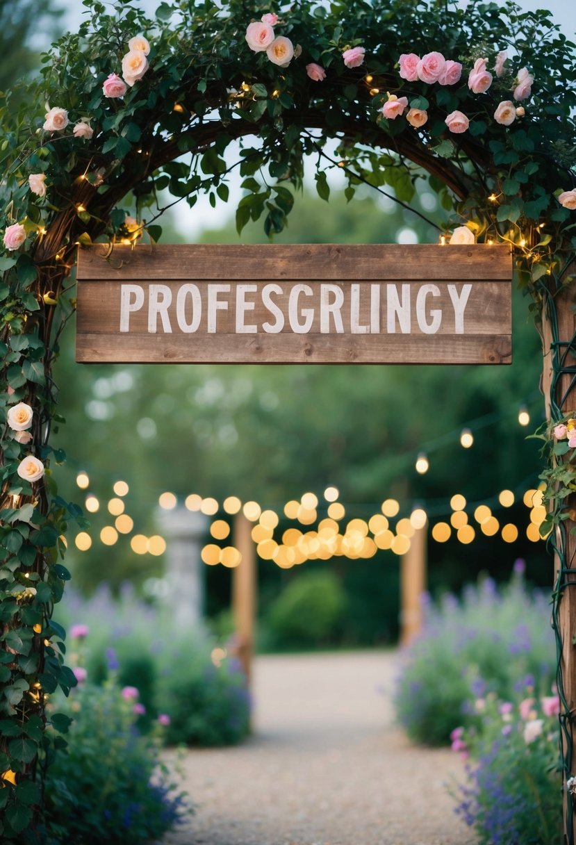 A rustic wooden sign hangs on a vine-covered archway, surrounded by blooming flowers and twinkling fairy lights