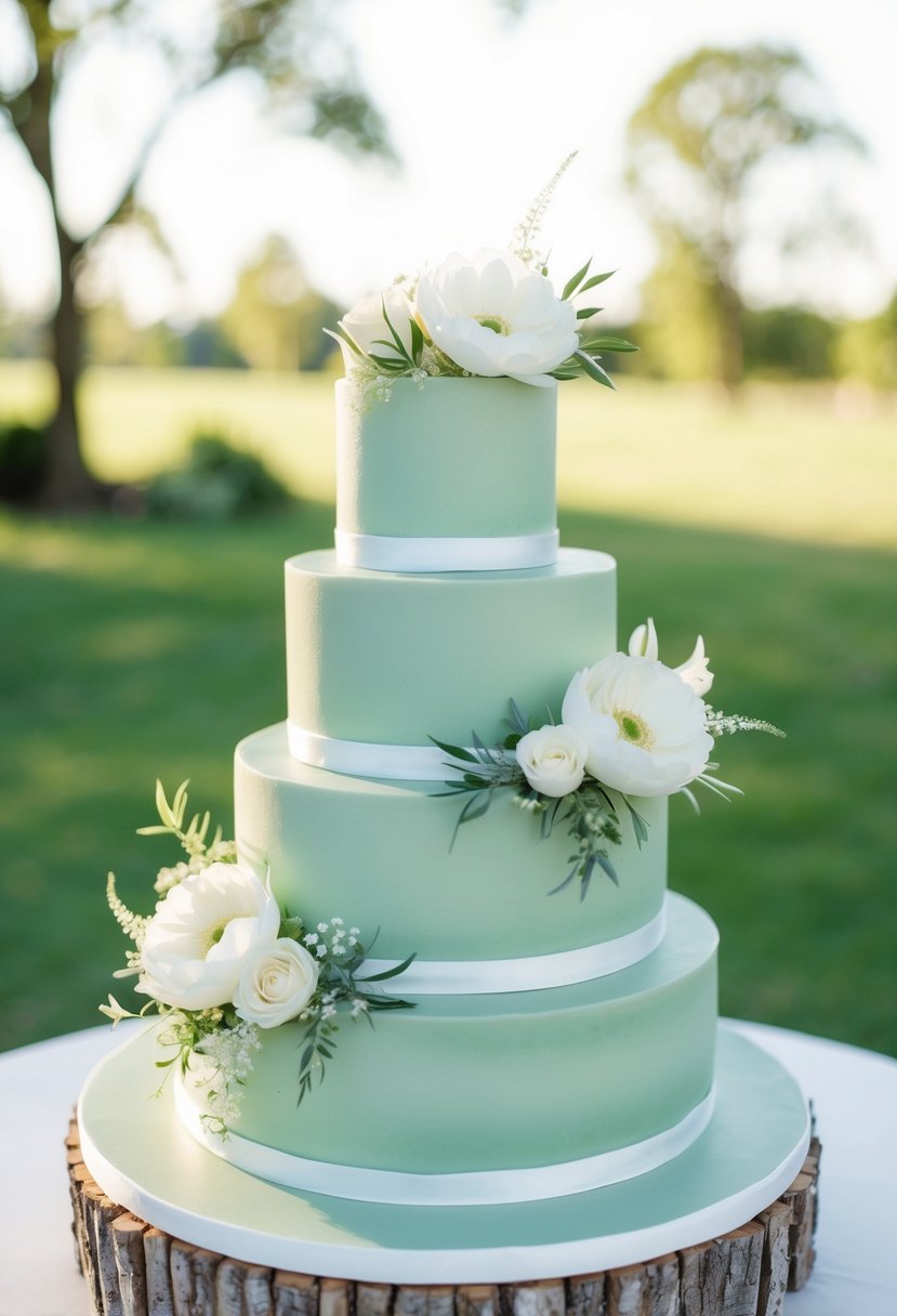 A three-tiered sage green wedding cake adorned with delicate white flowers and greenery