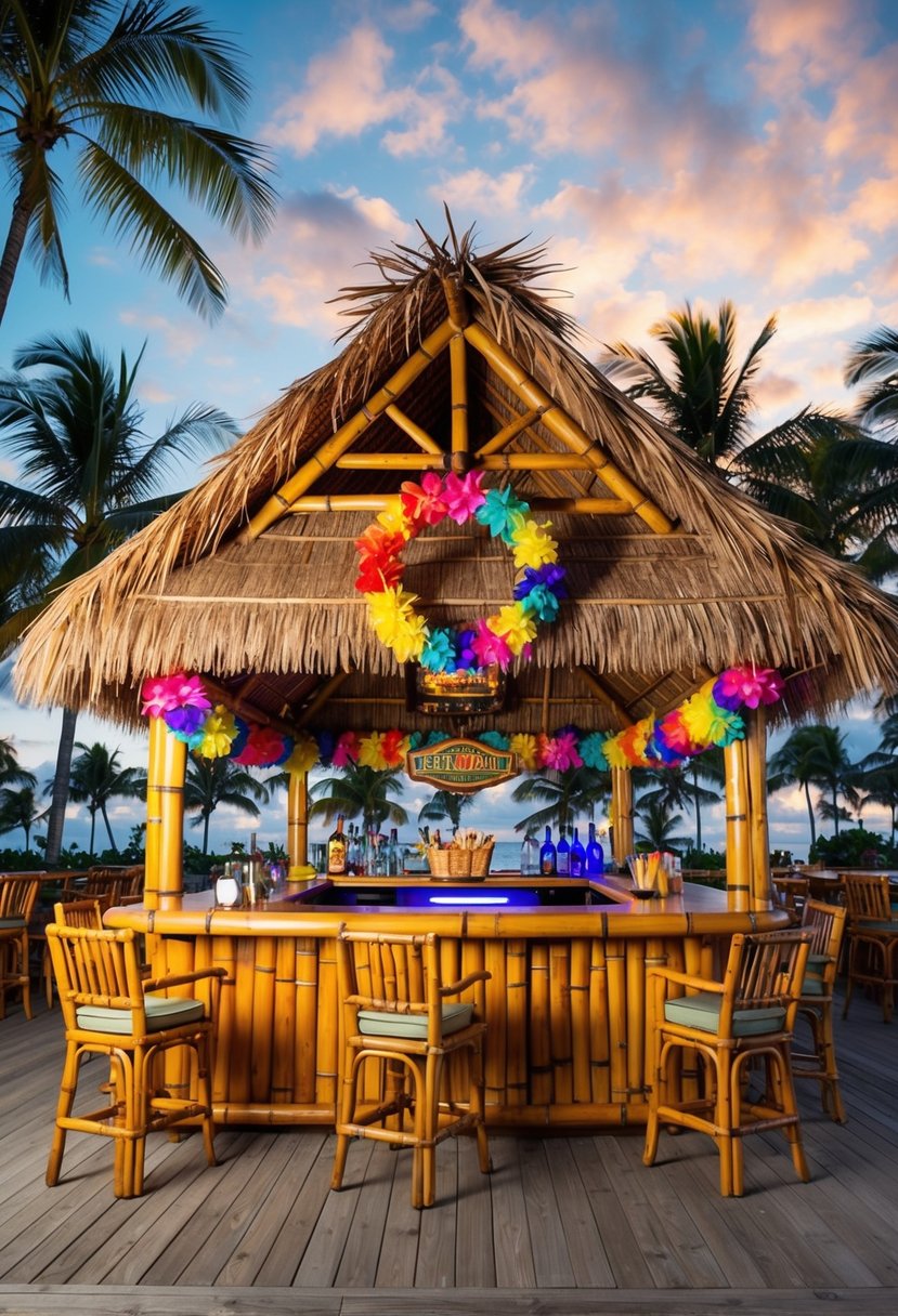 A vibrant tiki-themed bar with tropical decor, bamboo furniture, colorful leis, and a thatched roof, set against a backdrop of palm trees and a beautiful sunset