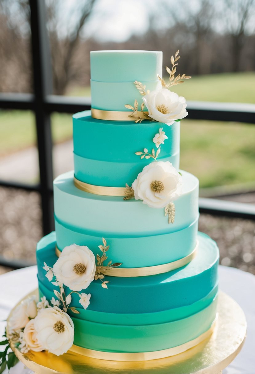 A three-tiered ombre cake in varying shades of sage green, adorned with delicate floral decorations and gold accents