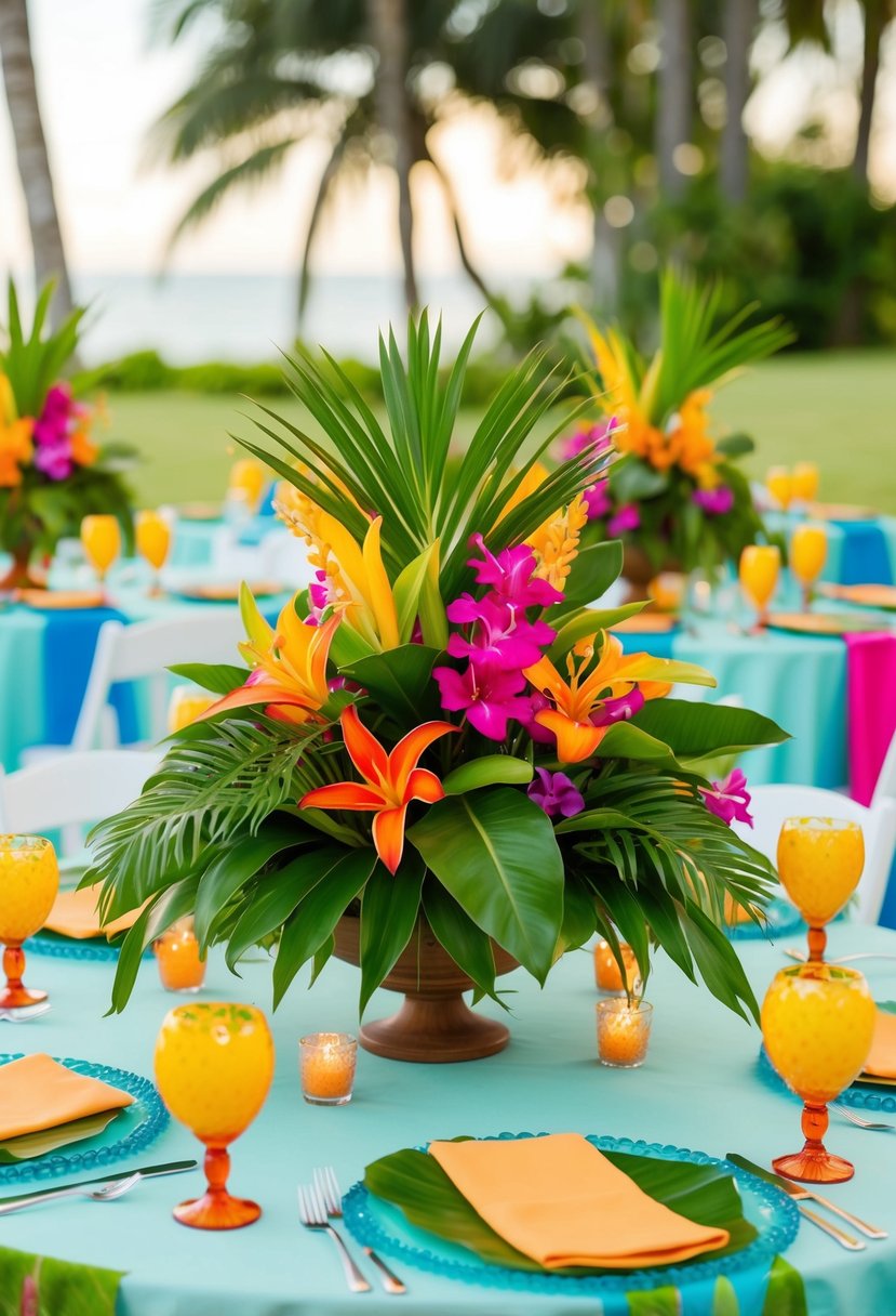 Lush tropical flowers and foliage arranged in vibrant centerpieces for a luau-themed wedding